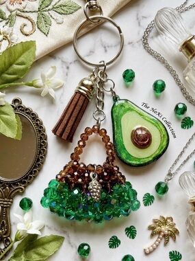 Handmade Green Avocado & Beaded Tassel Keychain